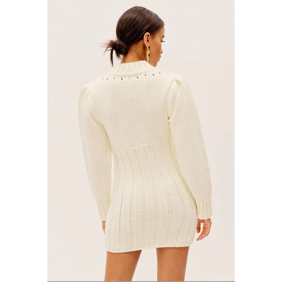 For Love & Lemons Jules Sweater Dress Cream Plus Size 1X NWT Ribbed Knit Fitted - Picture 9 of 16